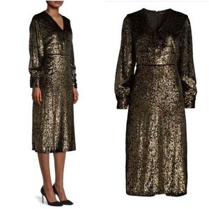 🆕 Elie Tahari Metallic Burnout Velvet Long Sleeve Midi-Dress